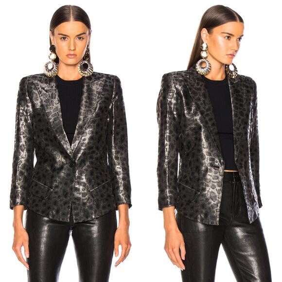 Smythe Film Fest Sharp Shoulder Blazer Metallic Leopard Size 0 Black Grey Chic - Picture 2 of 14